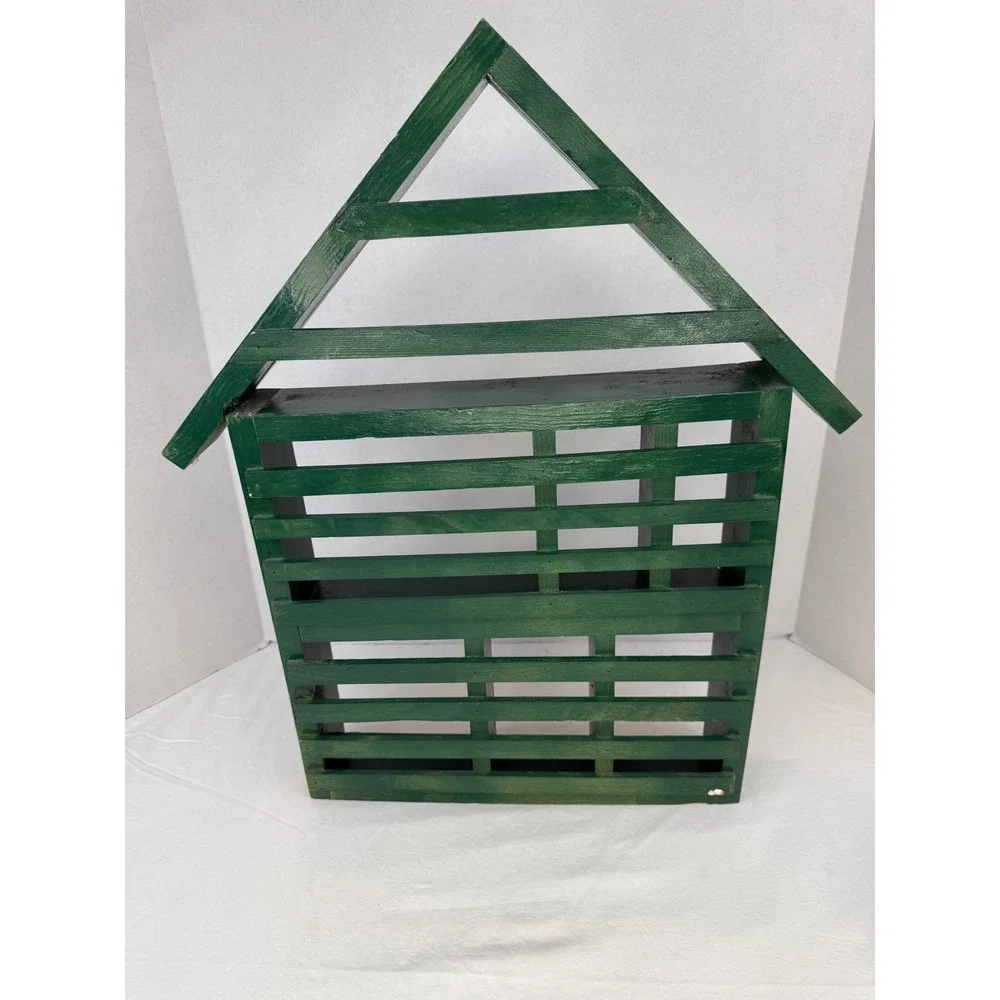 Vtg Green Granny Cottage Wooden House Shadow Box Wall Shelf Display Cubby 22.5in